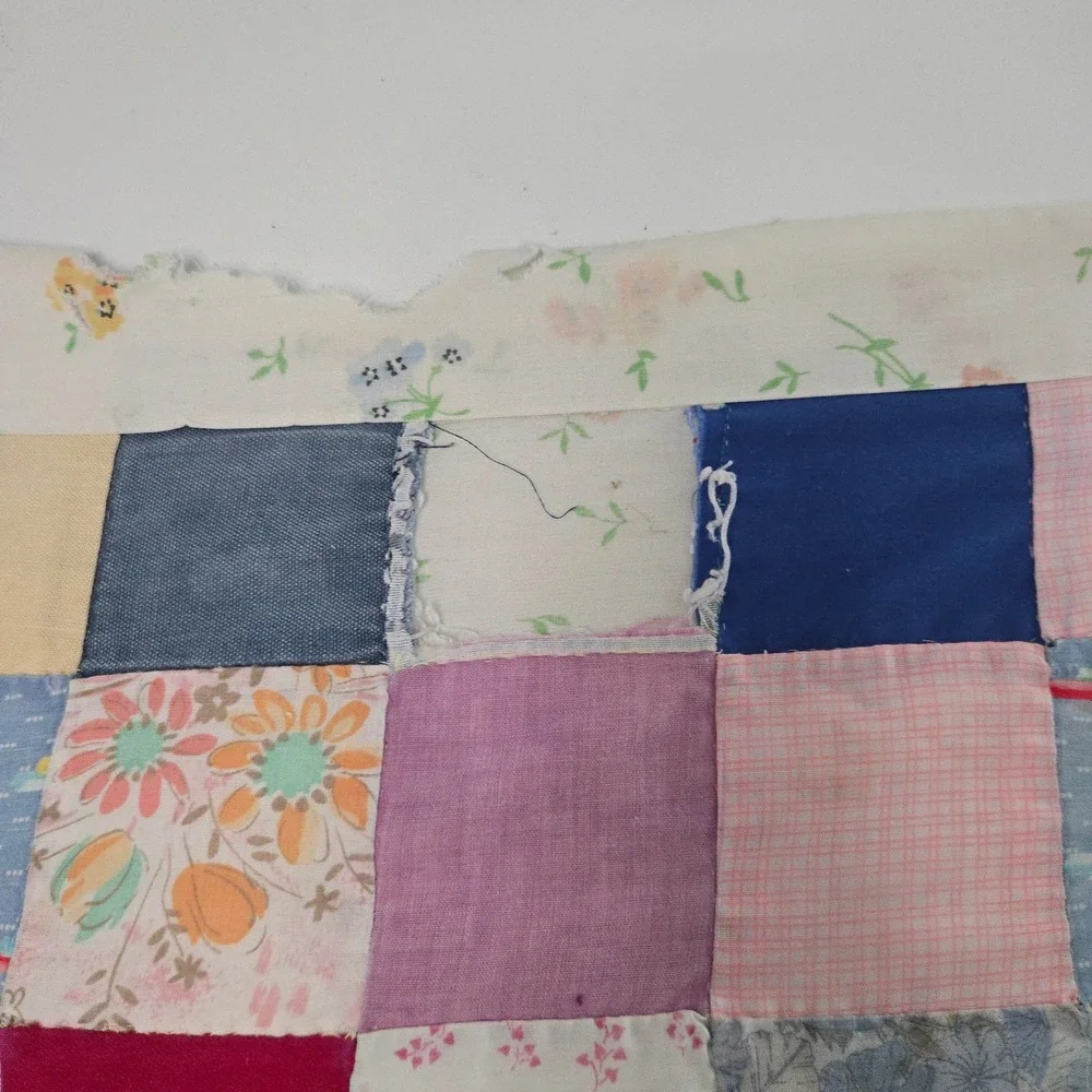 VTG Handmade Scrappy Patchwork Quilt Distressed 70x84 Scrap Fabric Floral Border